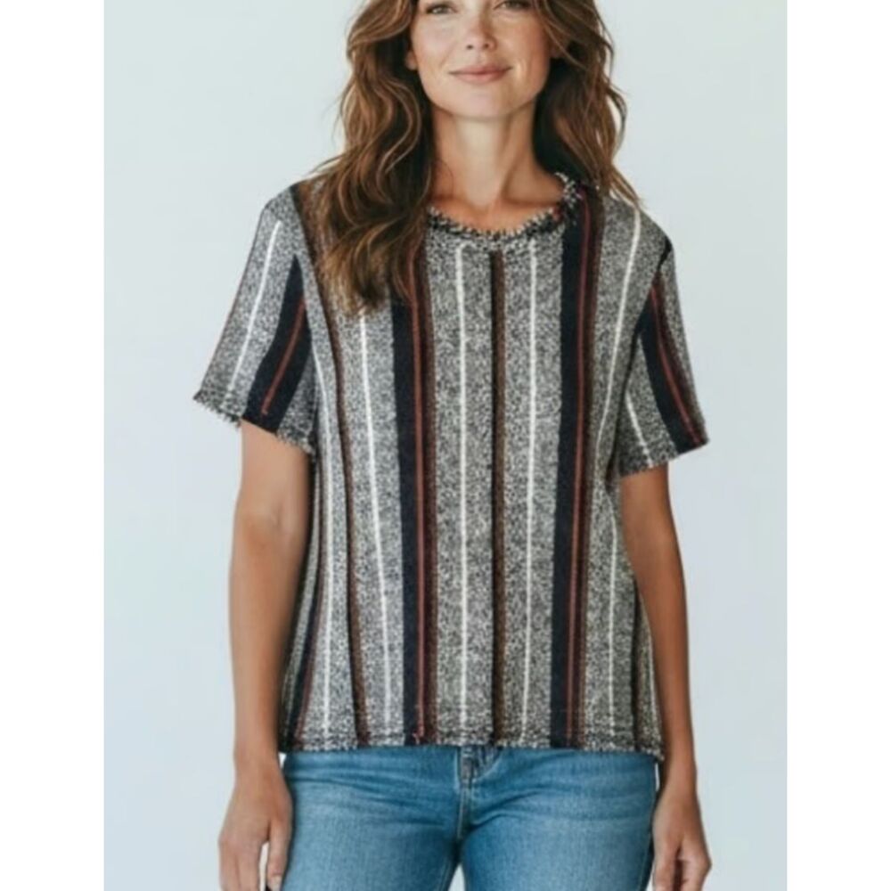 ANN TAYLOR Textured Striped Tweed Fringe Short Sleeve Blouse Top Womens Small